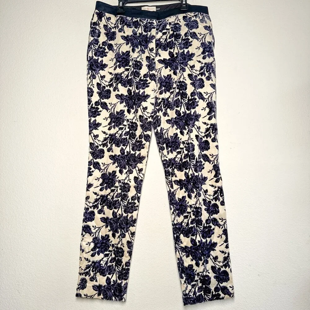 Tory Burch Dayton Floral Velvet Pants Size 8 Ivory Purple Flocked